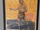 an old poster of a man holding a sword in front of a sunset