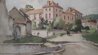 une aquarelle représentant un bâtiment devant lequel se trouve un cheval attelé à une calèche