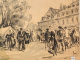drawing of a crowd of people walking down a street in a town