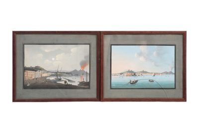 deux tableaux encadrés représentant des bateaux sur l'eau et une ville au loin
