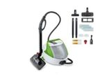 un aspirateur vert et blanc avec ses accessoires, sur fond blanc