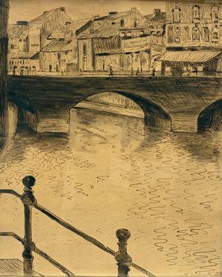 a drawing of a bridge over a river with buildings in the background