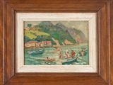 an image of a painting of people in a boat on the water