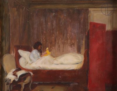 a painting of a woman laying in a bed with a dog