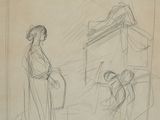 dessin représentant un homme et une femme debout devant un bâtiment