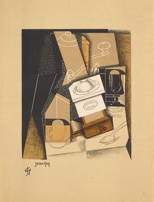an image of a drawing of a table with a cup of coffee and other items