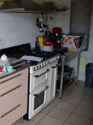 une cuisine équipée d'une cuisinière, d'un four, d'un évier et d'un micro-ondes