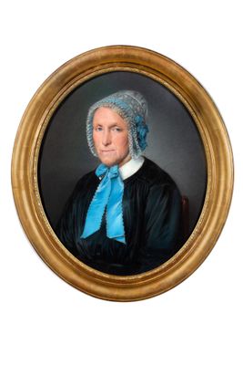 portrait of a woman in a blue bonnet and black dress