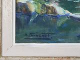 an oil painting of a river scene with rocks and trees in the background