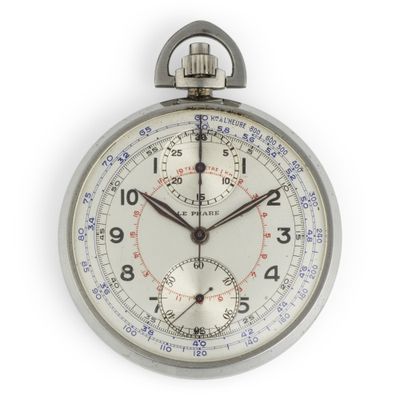 a silver pocket watch with a white face and blue numbers