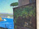 a painting of a boat on the water near a building