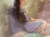 a painting of a woman sitting on a bench