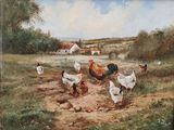 un tableau représentant des poulets dans un champ, avec une maison en arrière-plan