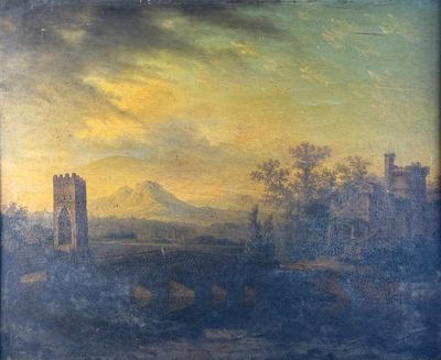 an old painting of a castle with a mountain in the background