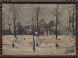 une peinture à l'huile représentant un paysage enneigé avec des arbres au premier plan