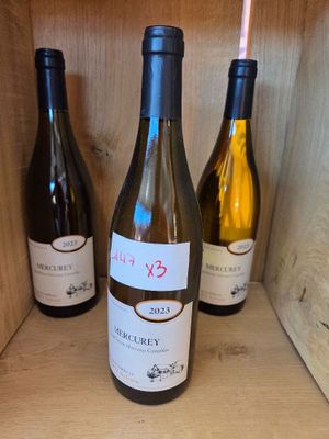 three bottles of wine sit on a wooden shelf in a wine cellar