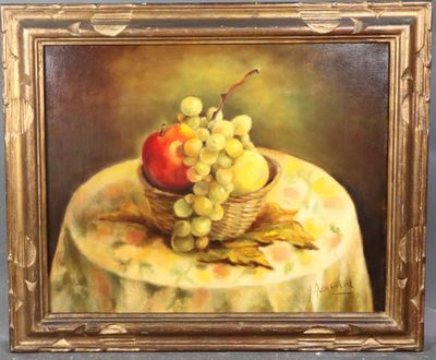 an oil painting of a basket of grapes and apples on a tablecloth