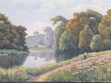 painting of a man fishing on a river with trees in the background