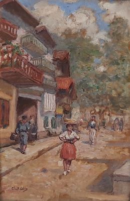 painting of a woman walking down a street with a basket on her head