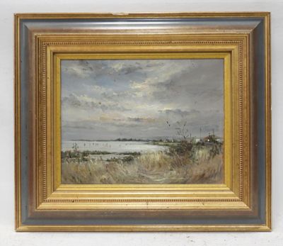 a painting of a landscape with a lake in the background