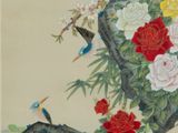 a painting of flowers and birds in a vase