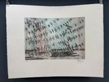 dessin représentant une volée d'oiseaux survolant une fontaine