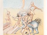 dessin représentant un groupe d'hommes nus sur une plage, avec un homme à cheval