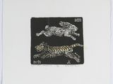 a black and white drawing of a tiger and a dog