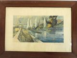 framed picture of a painting of boats in a harbor with smoke coming out of the water