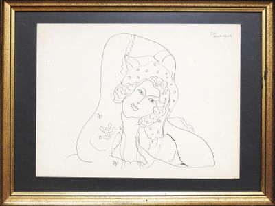 l'image d'un dessin représentant une femme avec un chapeau