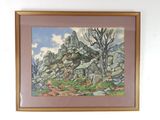 painting of a rocky landscape with trees and rocks in the foreground