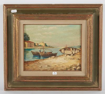 une peinture à l'huile représentant un bateau sur une plage au bord d'un plan d'eau