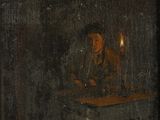 une image représentant un tableau où l'on voit un homme assis à une table, une bougie à la main