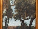 an oil painting of a wooded landscape with trees and a lake in the distance