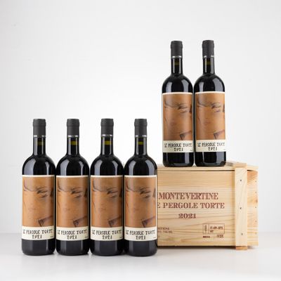 six bottles of wine in a wooden crate with a white background