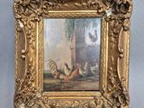 un vieux cadre contenant un tableau représentant des poules et un arbre