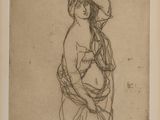 a drawing of a woman in a hat and dress holding a baby