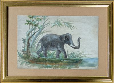 tableau représentant un éléphant tenant un serpent dans sa bouche, dans un cadre