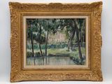 an image of a painting of a house in the woods