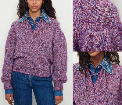 two photos of a woman wearing a purple sweater and a blue shirt