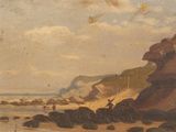 painting of a beach scene with people on the shore and a bird flying over the water