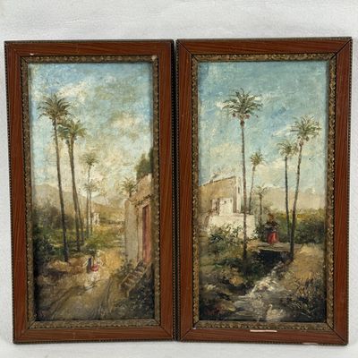 deux tableaux représentant une scène de village avec des palmiers et une maison