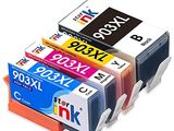 a group of ink cartridges sitting next to each other on a white surface