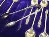 several silver spoons and spoon spoons in a velvet case