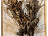 an image of a painting of a building with a clock on it