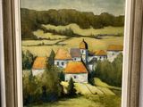 une peinture à l'huile représentant une scène de campagne avec une église au loin