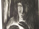 drawing of a woman with long hair holding a cat ' s paw