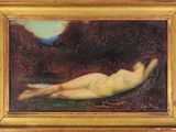 une peinture à l'huile représentant une femme nue allongée dans un champ recouvert d'herbe
