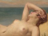 painting of a nude woman laying on the beach with her head resting on her hands