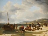 a painting of a group of people on a beach with a boat